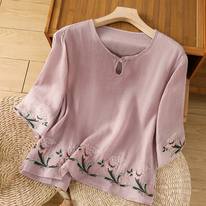 Camicia da donna in poliestere con maniche corte, scollo rotondo, ricamo floreale casual Buddha Stones