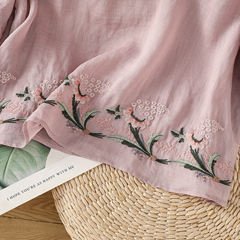 Camicia da donna in poliestere con maniche corte, scollo rotondo, ricamo floreale casual Buddha Stones