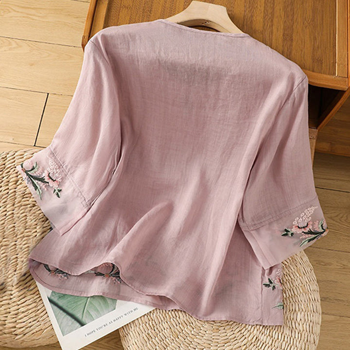Camicia da donna in poliestere con maniche corte, scollo rotondo, ricamo floreale casual Buddha Stones