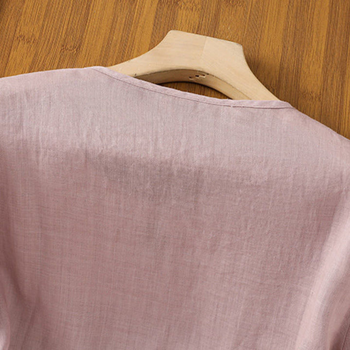 Camicia da donna in poliestere con maniche corte, scollo rotondo, ricamo floreale casual Buddha Stones