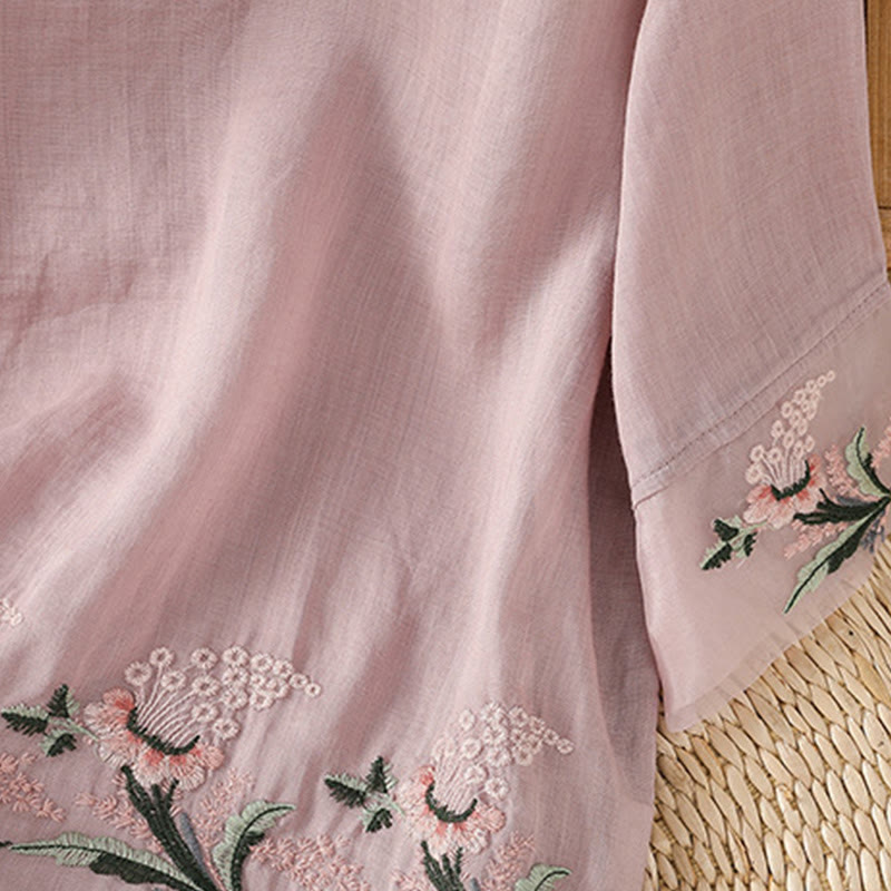 Camicia da donna in poliestere con maniche corte, scollo rotondo, ricamo floreale casual Buddha Stones - image 20