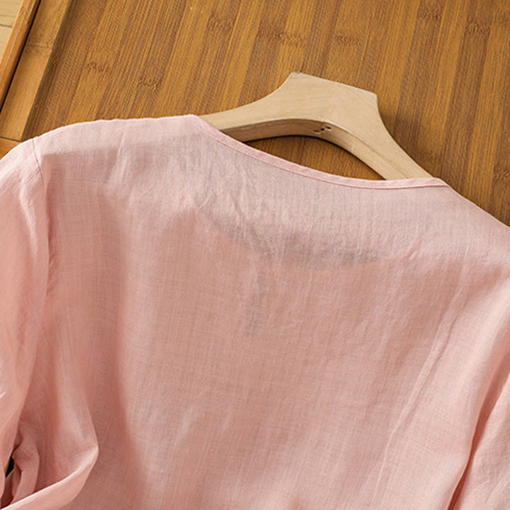 Camicia da donna in poliestere con maniche corte, scollo rotondo, ricamo floreale casual Buddha Stones