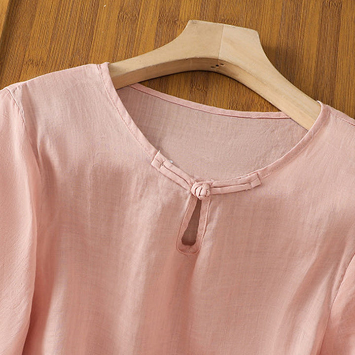 Camicia da donna in poliestere con maniche corte, scollo rotondo, ricamo floreale casual Buddha Stones - image 24