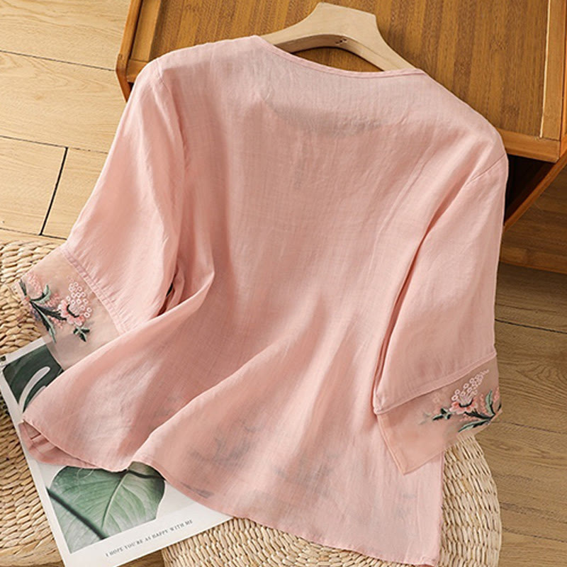 Camicia da donna in poliestere con maniche corte, scollo rotondo, ricamo floreale casual Buddha Stones