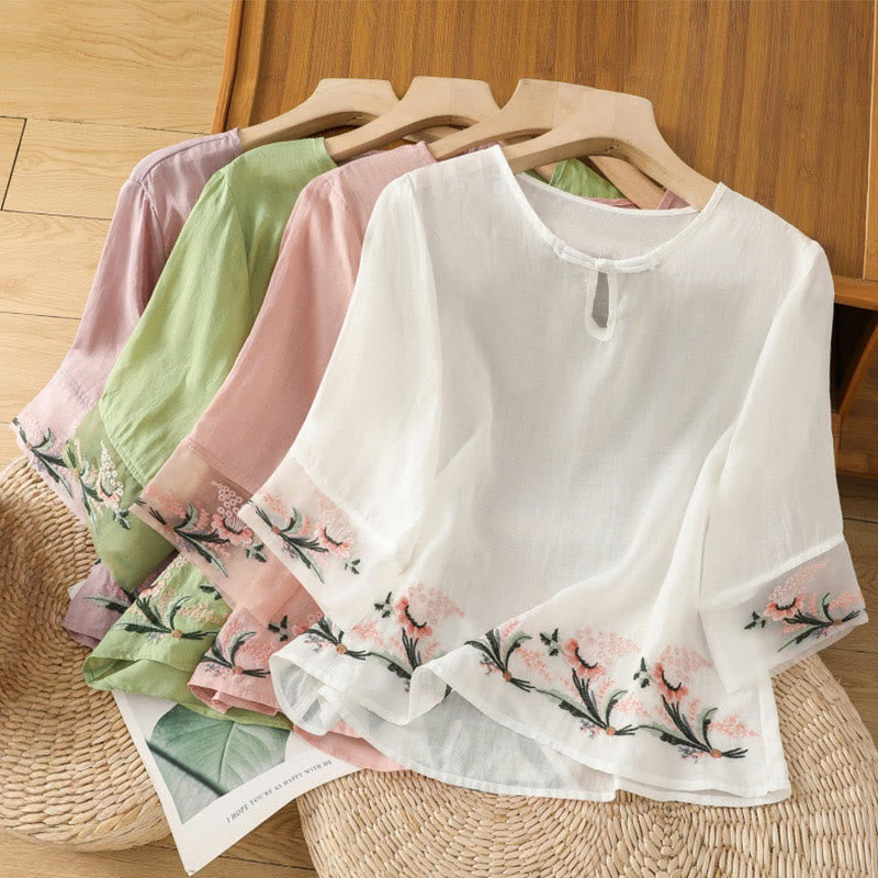 Camicia da donna in poliestere con maniche corte, scollo rotondo, ricamo floreale casual Buddha Stones - image 28