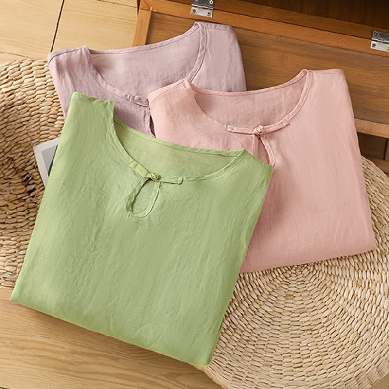 Camicia da donna in poliestere con maniche corte, scollo rotondo, ricamo floreale casual Buddha Stones
