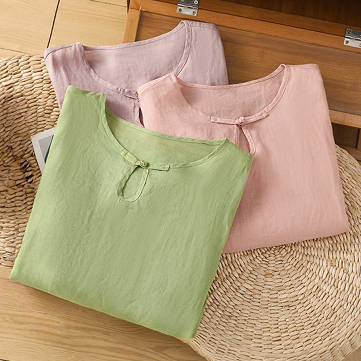 Camicia da donna in poliestere con maniche corte, scollo rotondo, ricamo floreale casual Buddha Stones