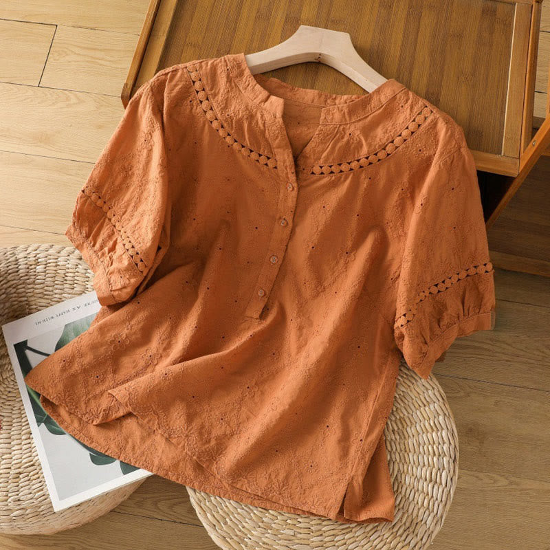 Camicia da donna in cotone e lino a mezza manica, casual, tinta unita, con intaglio a V, Buddha Stones - Arancione scuro - US8-10, UK/AU12-14, EU40-42 (2XL) - image 0