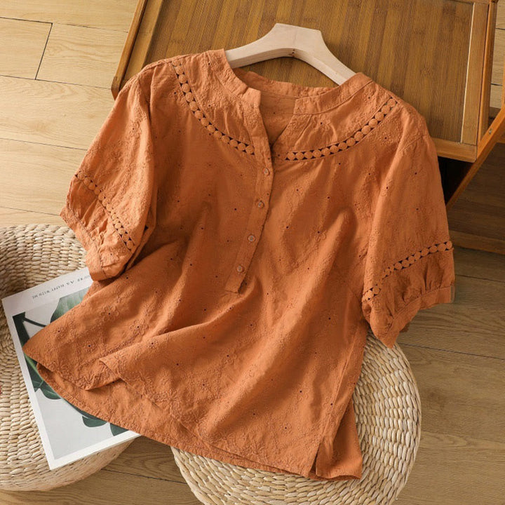 Camicia da donna in cotone e lino a mezza manica, casual, tinta unita, con intaglio a V, Buddha Stones - Arancione scuro - US8-10, UK/AU12-14, EU40-42 (2XL) - image 0