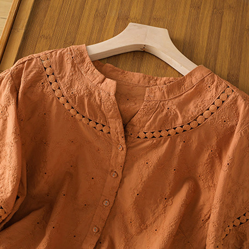 Camicia da donna in cotone e lino a mezza manica, casual, tinta unita, con intaglio a V, Buddha Stones - image 2