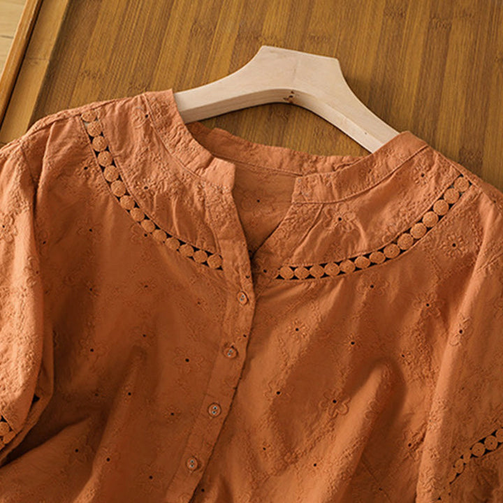 Camicia da donna in cotone e lino a mezza manica, casual, tinta unita, con intaglio a V, Buddha Stones - image 2