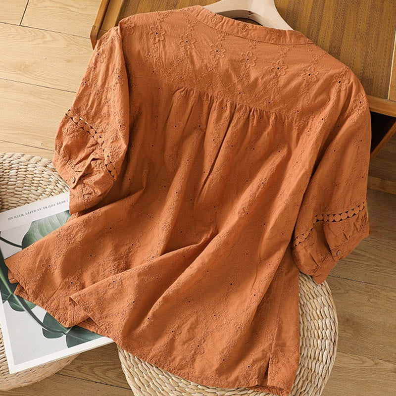 Camicia da donna in cotone e lino a mezza manica, casual, tinta unita, con intaglio a V, Buddha Stones - image 1