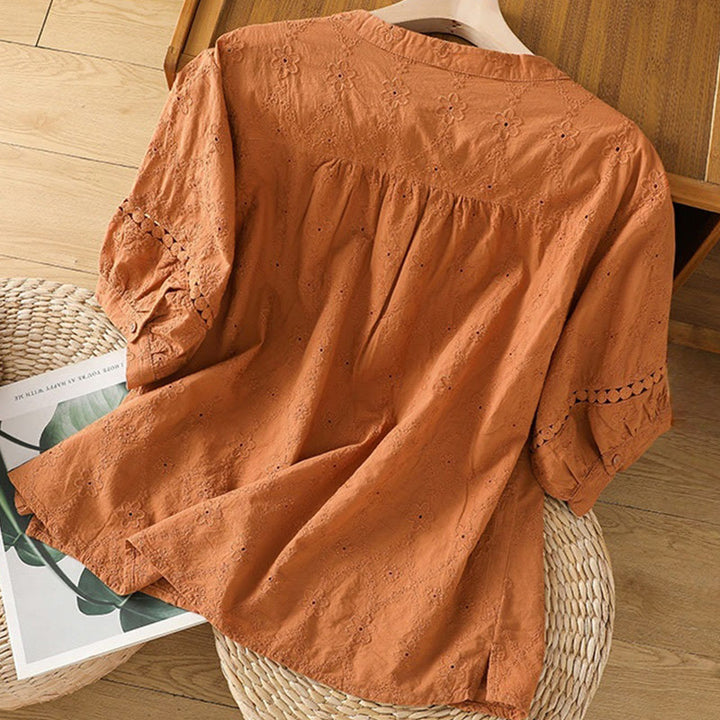 Camicia da donna in cotone e lino a mezza manica, casual, tinta unita, con intaglio a V, Buddha Stones - image 1