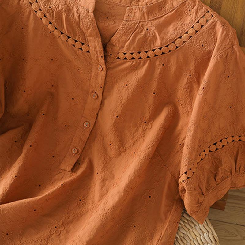 Camicia da donna in cotone e lino a mezza manica, casual, tinta unita, con intaglio a V, Buddha Stones - image 4