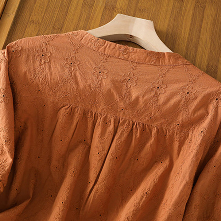 Camicia da donna in cotone e lino a mezza manica, casual, tinta unita, con intaglio a V, Buddha Stones - image 3