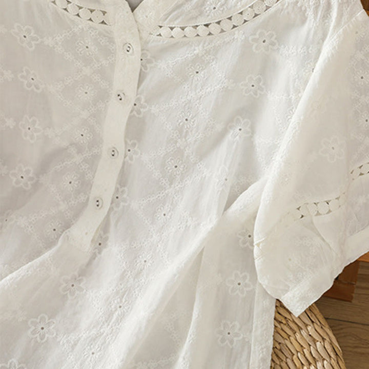 Camicia da donna in cotone e lino a mezza manica, casual, tinta unita, con intaglio a V, Buddha Stones - image 14