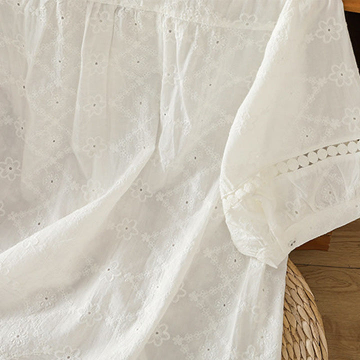 Camicia da donna in cotone e lino a mezza manica, casual, tinta unita, con intaglio a V, Buddha Stones - image 15