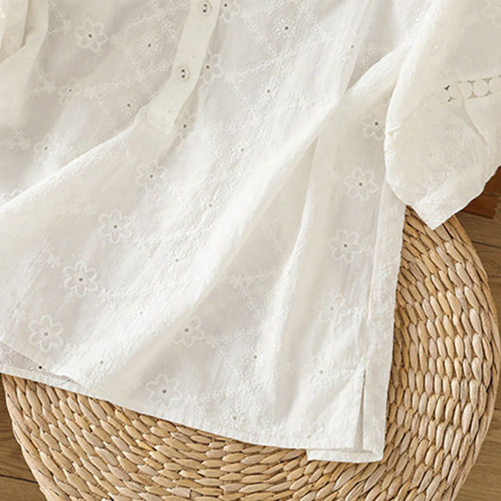 Camicia da donna in cotone e lino a mezza manica, casual, tinta unita, con intaglio a V, Buddha Stones - image 13