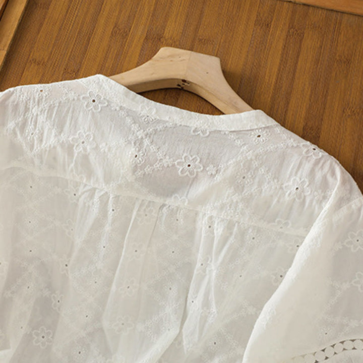 Camicia da donna in cotone e lino a mezza manica, casual, tinta unita, con intaglio a V, Buddha Stones - image 10