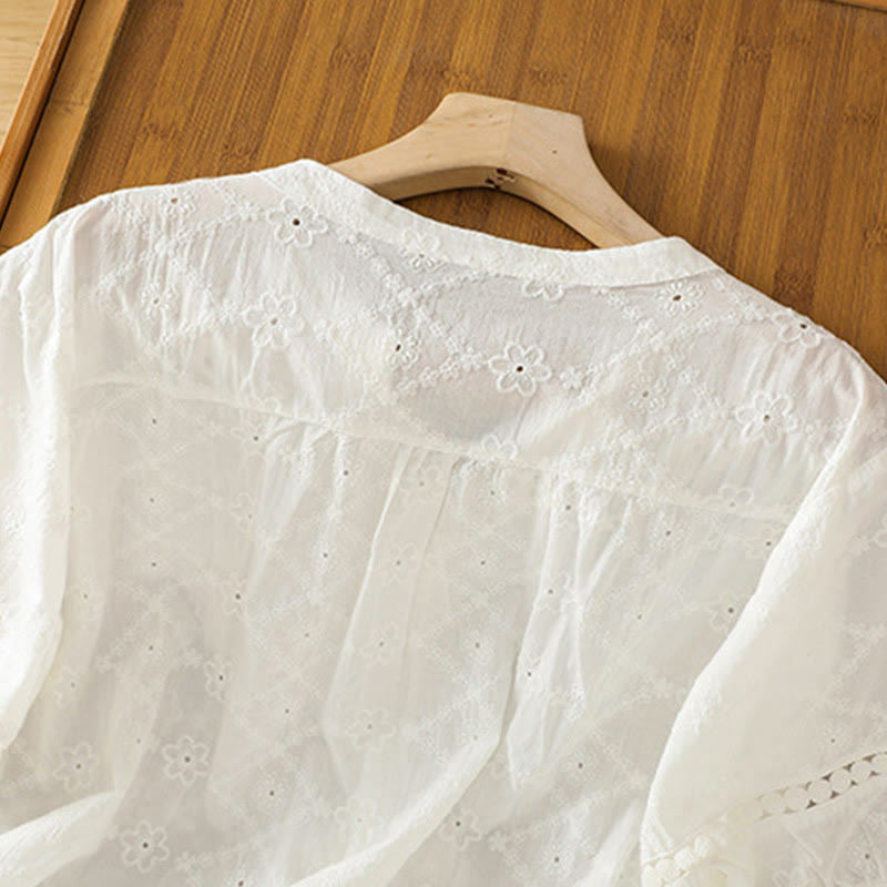 Camicia da donna in cotone e lino a mezza manica, casual, tinta unita, con intaglio a V, Buddha Stones - image 12