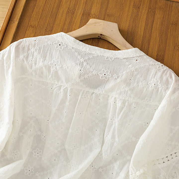 Camicia da donna in cotone e lino a mezza manica, casual, tinta unita, con intaglio a V, Buddha Stones - image 12