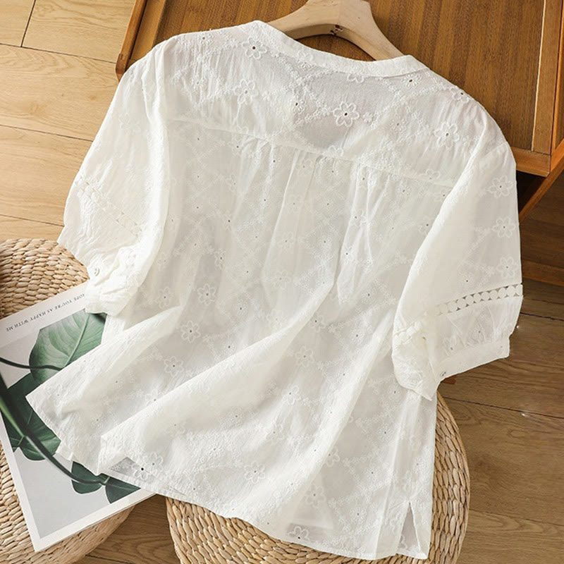 Camicia da donna in cotone e lino a mezza manica, casual, tinta unita, con intaglio a V, Buddha Stones - image 8