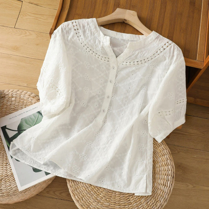 Camicia da donna in cotone e lino a mezza manica, casual, tinta unita, con intaglio a V, Buddha Stones - Bianco - US8-10, UK/AU12-14, EU40-42 (2XL) - image 7