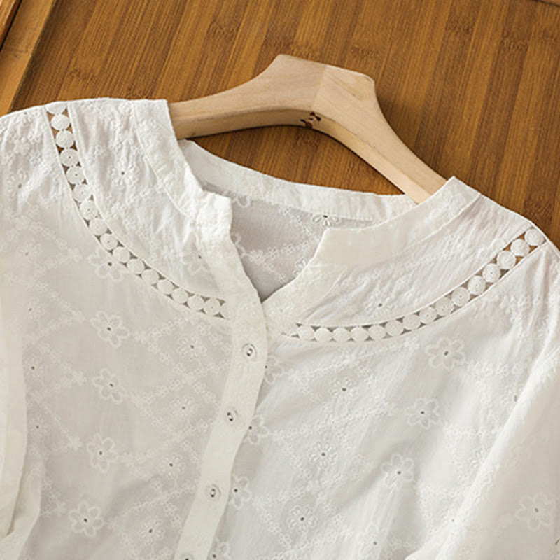 Camicia da donna in cotone e lino a mezza manica, casual, tinta unita, con intaglio a V, Buddha Stones - image 11