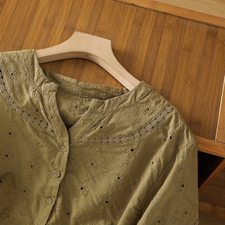 Camicia da donna in cotone e lino a mezza manica, casual, tinta unita, con intaglio a V, Buddha Stones - image 18