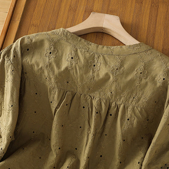 Camicia da donna in cotone e lino a mezza manica, casual, tinta unita, con intaglio a V, Buddha Stones - image 20