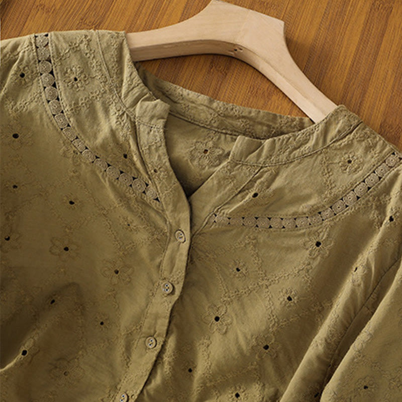 Camicia da donna in cotone e lino a mezza manica, casual, tinta unita, con intaglio a V, Buddha Stones - image 19