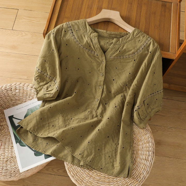 Camicia da donna in cotone e lino a mezza manica, casual, tinta unita, con intaglio a V, Buddha Stones - DarkKhaki - US8-10, UK/AU12-14, EU40-42 (2XL) - image 16