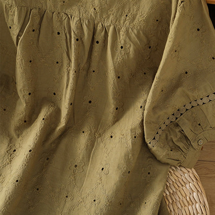 Camicia da donna in cotone e lino a mezza manica, casual, tinta unita, con intaglio a V, Buddha Stones - image 22