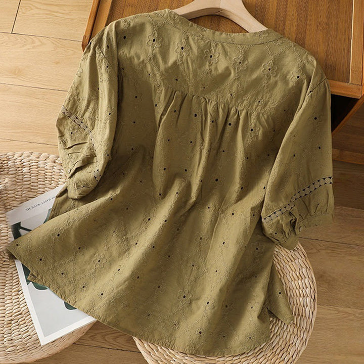 Camicia da donna in cotone e lino a mezza manica, casual, tinta unita, con intaglio a V, Buddha Stones - image 17