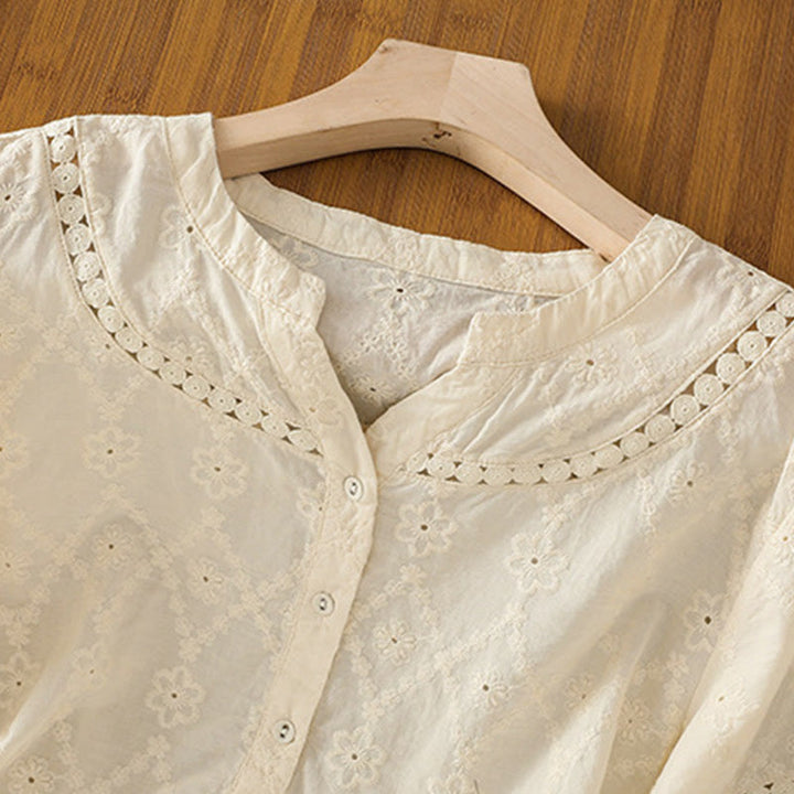 Camicia da donna in cotone e lino a mezza manica, casual, tinta unita, con intaglio a V, Buddha Stones - image 25