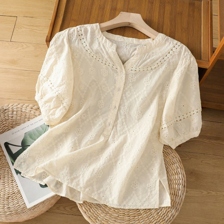 Camicia da donna in cotone e lino a mezza manica, casual, tinta unita, con intaglio a V, Buddha Stones - Giallo chiaro - US8-10, UK/AU12-14, EU40-42 (2XL) - image 24