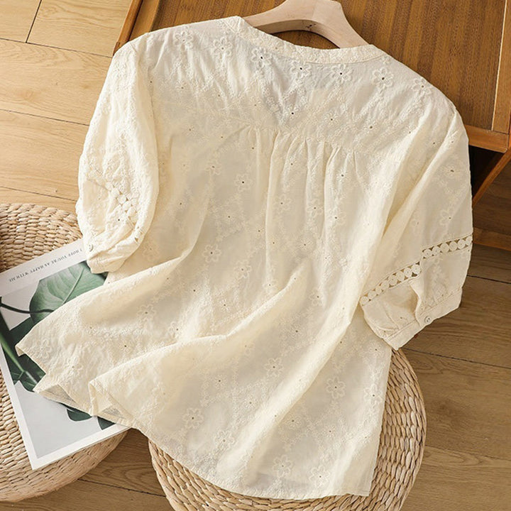 Camicia da donna in cotone e lino a mezza manica, casual, tinta unita, con intaglio a V, Buddha Stones - image 29