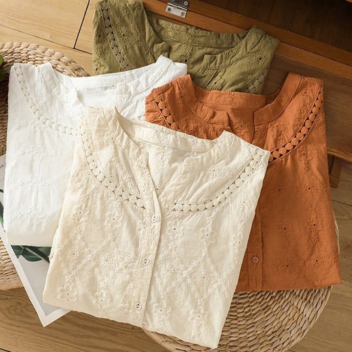 Camicia da donna in cotone e lino a mezza manica, casual, tinta unita, con intaglio a V, Buddha Stones - image 31