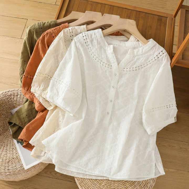 Camicia da donna in cotone e lino a mezza manica, casual, tinta unita, con intaglio a V, Buddha Stones - image 32