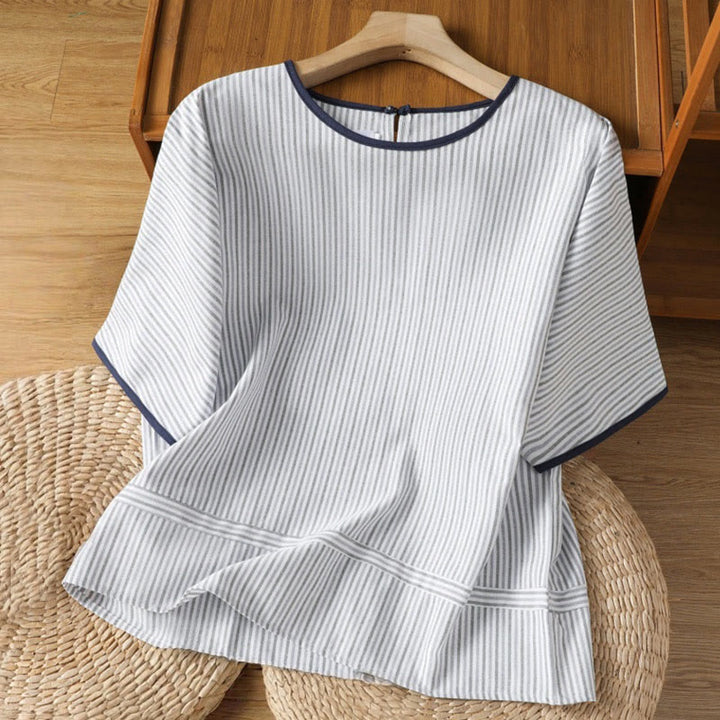 Maglione a righe con scollo rotondo e motivo Buddha Stones, da donna, in cotone, a maniche corte