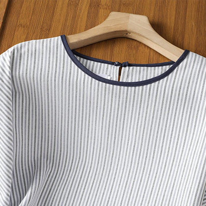 Maglione a righe con scollo rotondo e motivo Buddha Stones, da donna, in cotone, a maniche corte