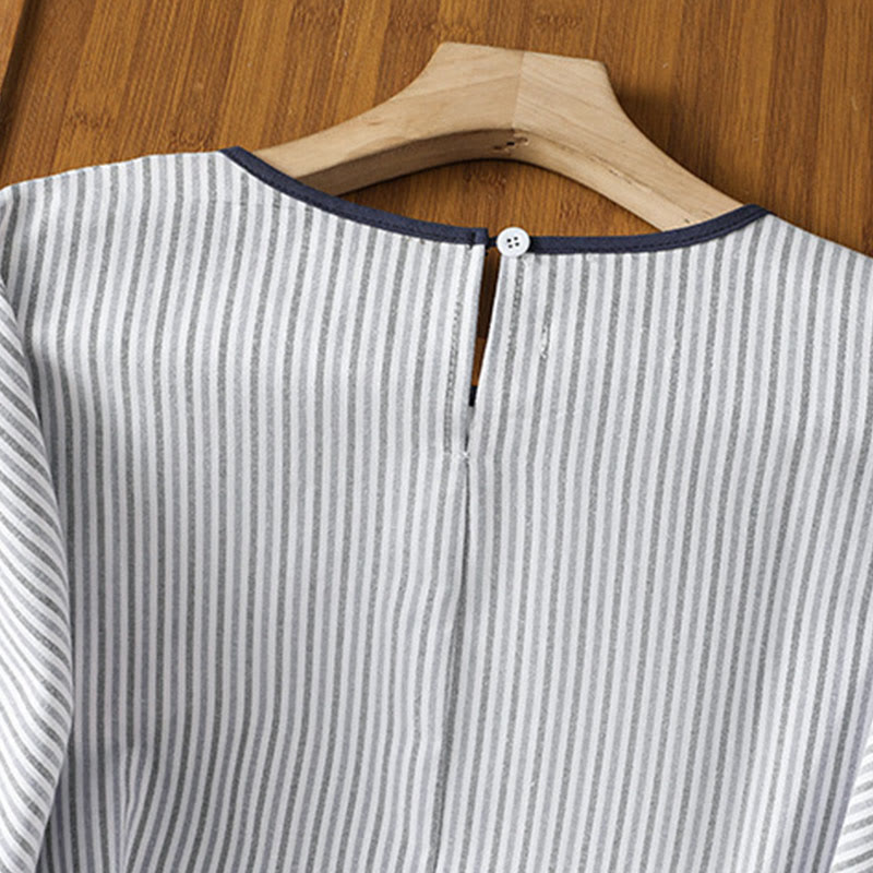 Maglione a righe con scollo rotondo e motivo Buddha Stones, da donna, in cotone, a maniche corte