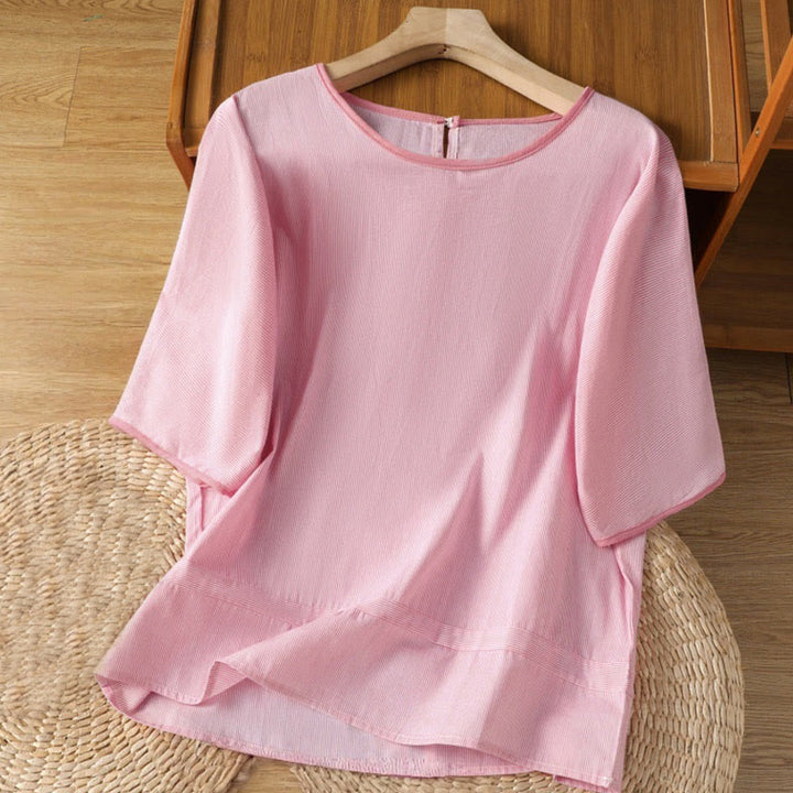 Maglione a righe con scollo rotondo e motivo Buddha Stones, da donna, in cotone, a maniche corte