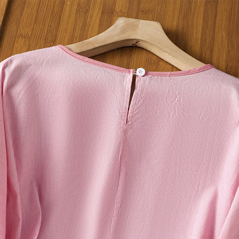Maglione a righe con scollo rotondo e motivo Buddha Stones, da donna, in cotone, a maniche corte