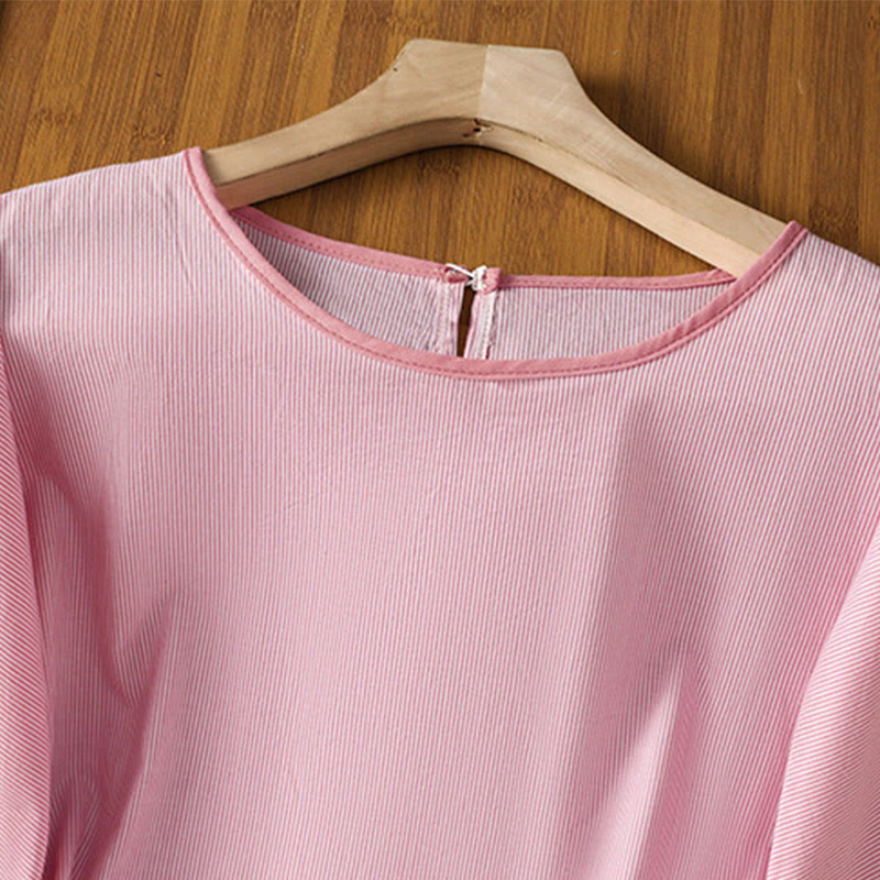 Maglione a righe con scollo rotondo e motivo Buddha Stones, da donna, in cotone, a maniche corte