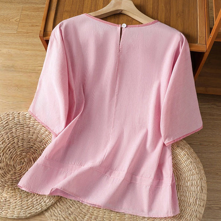 Maglione a righe con scollo rotondo e motivo Buddha Stones, da donna, in cotone, a maniche corte