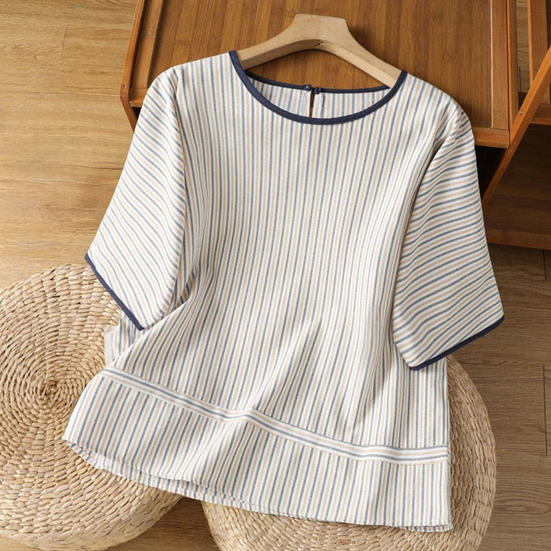 Maglione a righe con scollo rotondo e motivo Buddha Stones, da donna, in cotone, a maniche corte