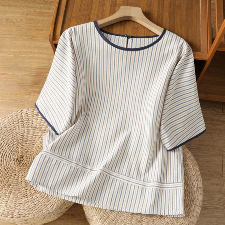 Maglione a righe con scollo rotondo e motivo Buddha Stones, da donna, in cotone, a maniche corte