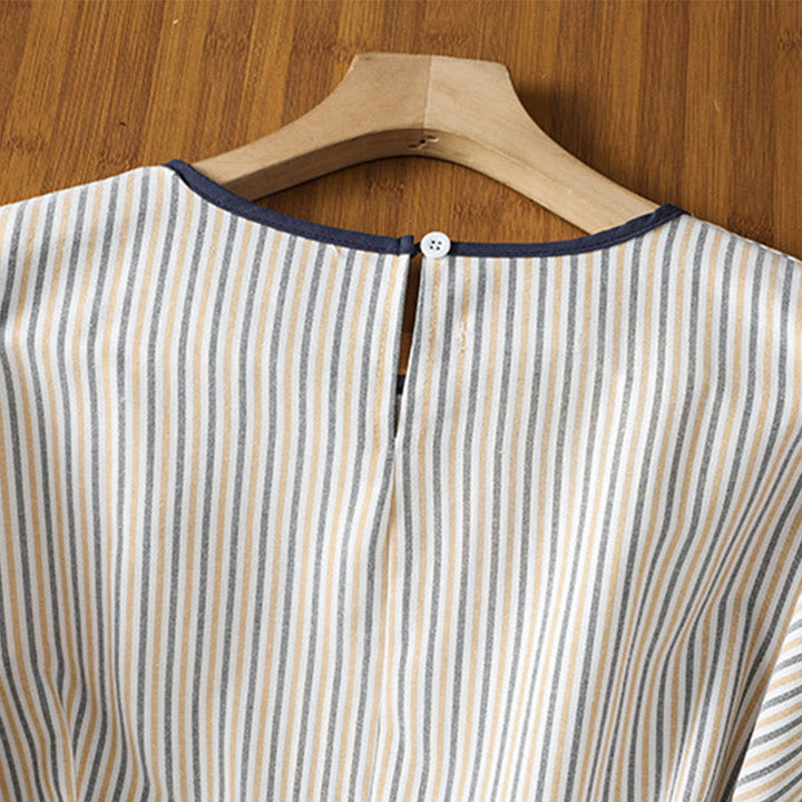 Maglione a righe con scollo rotondo e motivo Buddha Stones, da donna, in cotone, a maniche corte