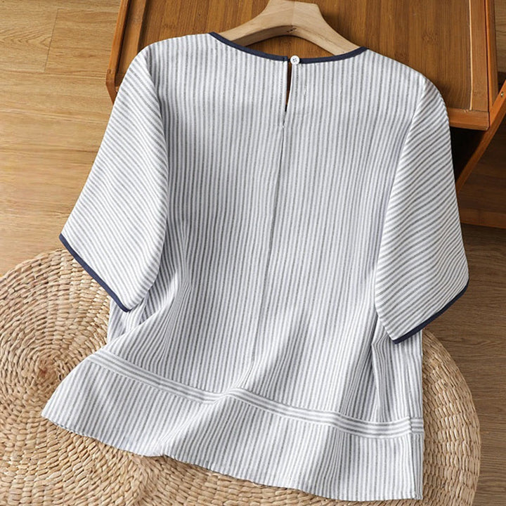Maglione a righe con scollo rotondo e motivo Buddha Stones, da donna, in cotone, a maniche corte